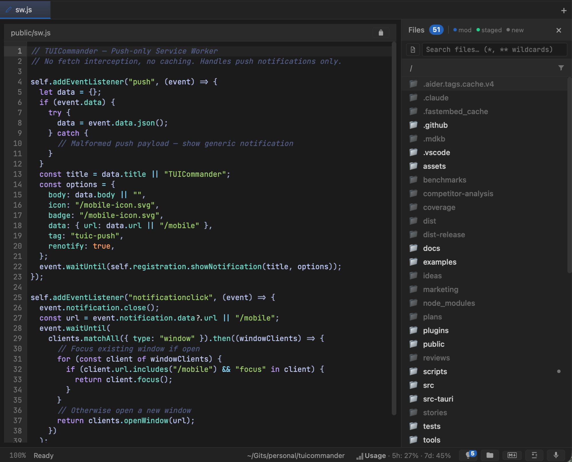 TUICommander code editor showing a JavaScript service worker file with syntax highlighting and a full project file tree
