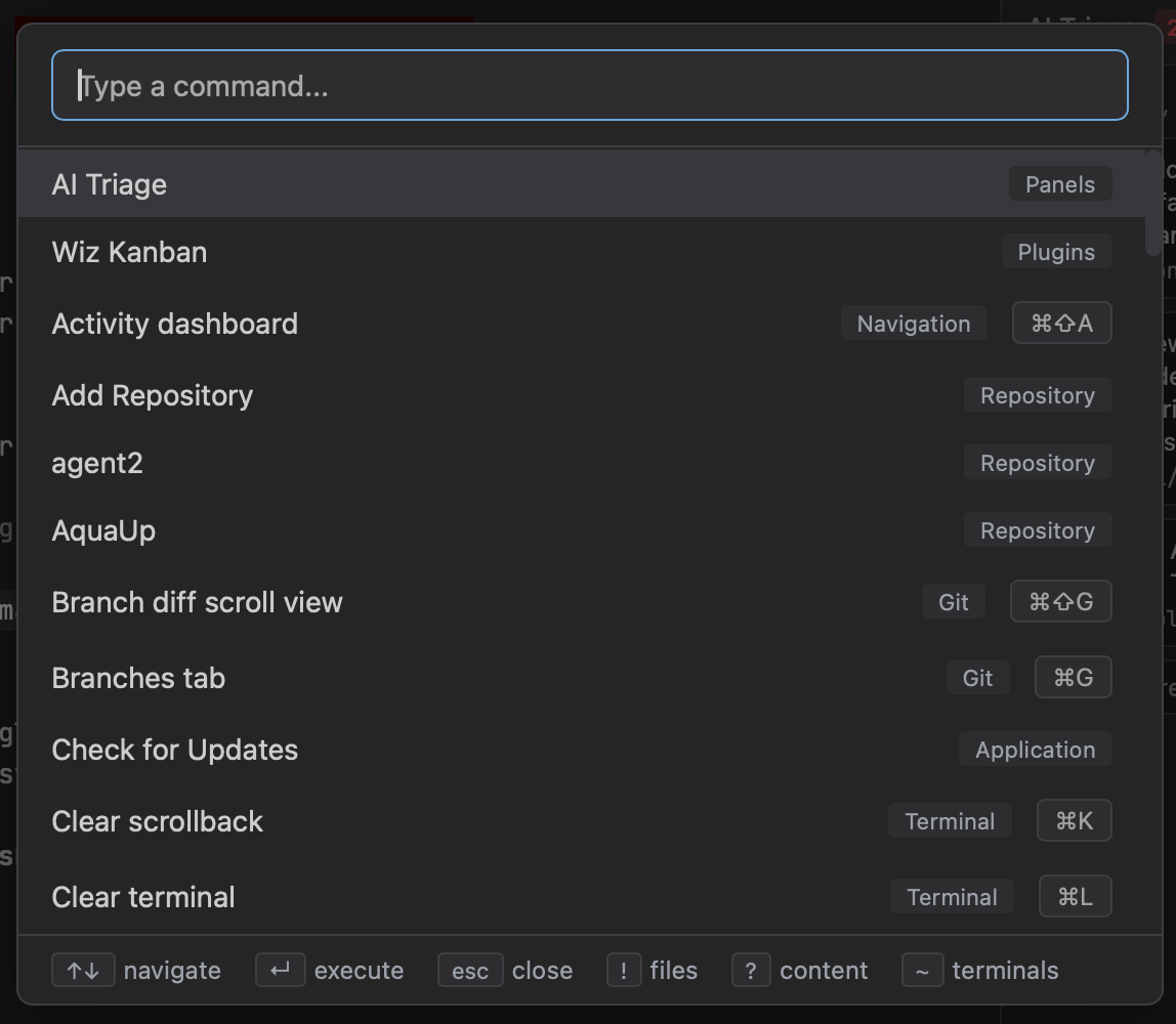 Command palette with AI Triage as the first result in the Panels category