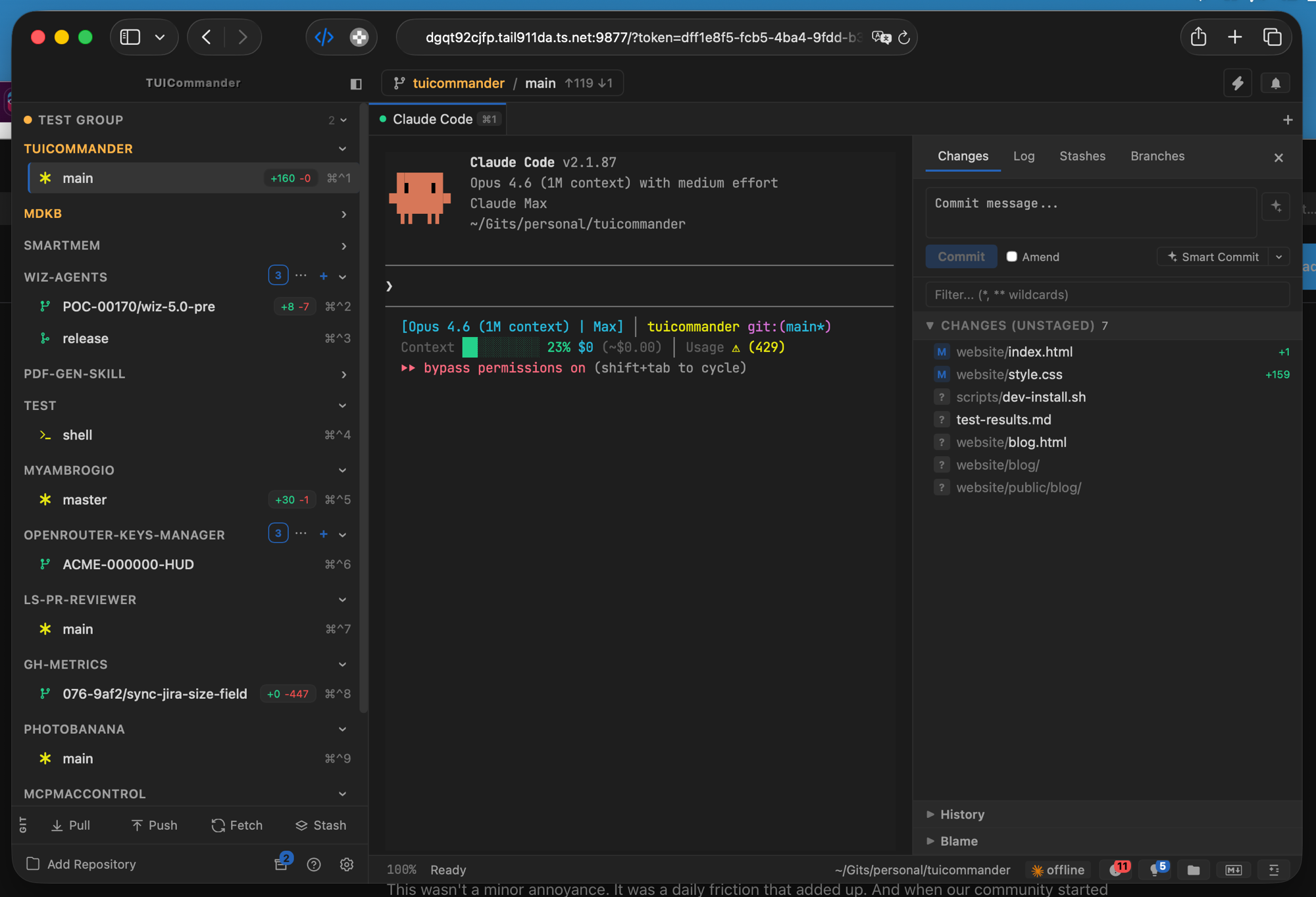 TUICommander running in a browser via Tailscale remote access, showing the full interface with sidebar, terminal, and git panel