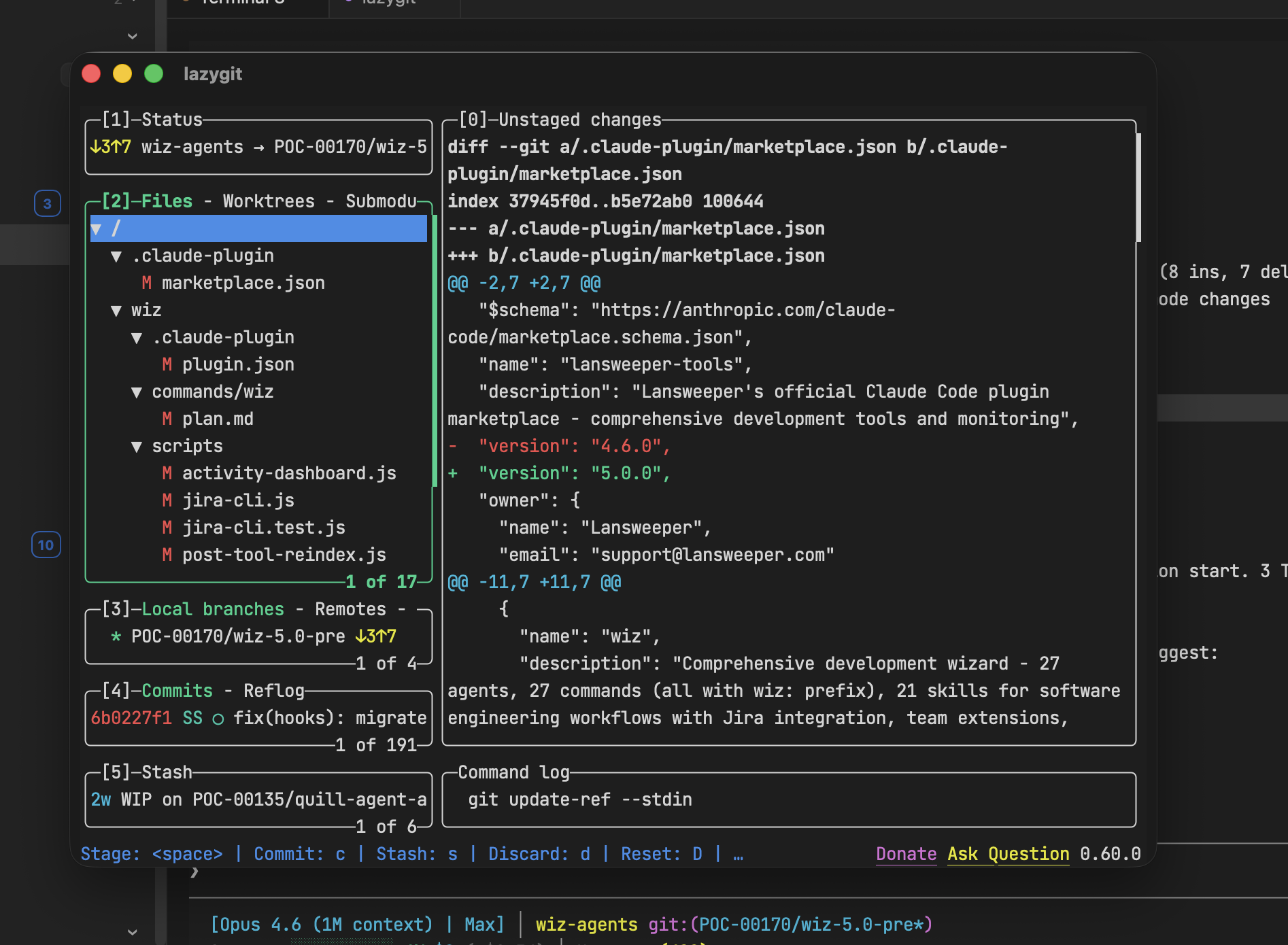 A lazygit terminal detached into its own floating OS window, showing file tree, diff, branches, and commits