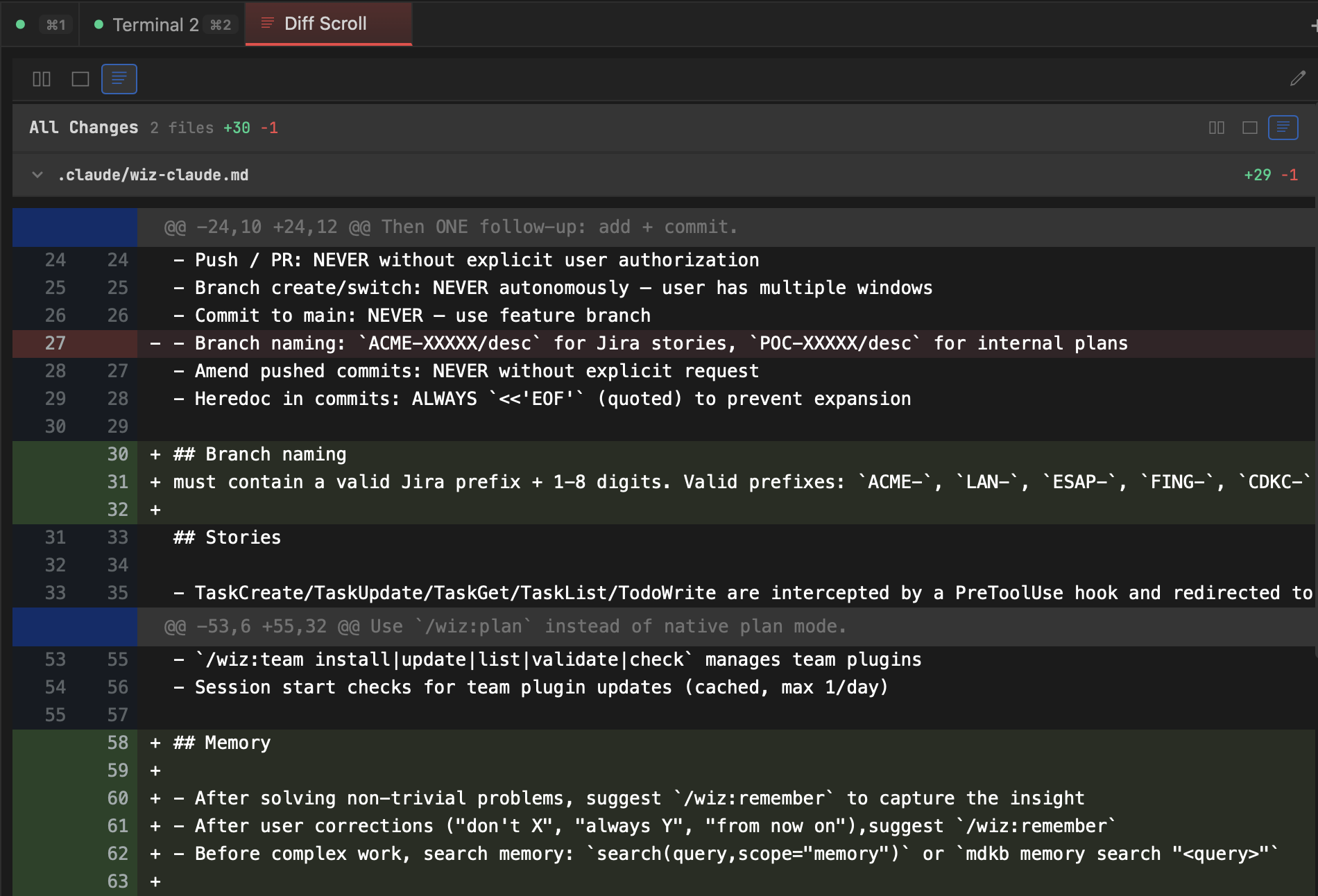 TUICommander Diff Scroll view showing all changed files in a continuous scrollable list with collapsible sections, addition/deletion counts, and mode toggle buttons