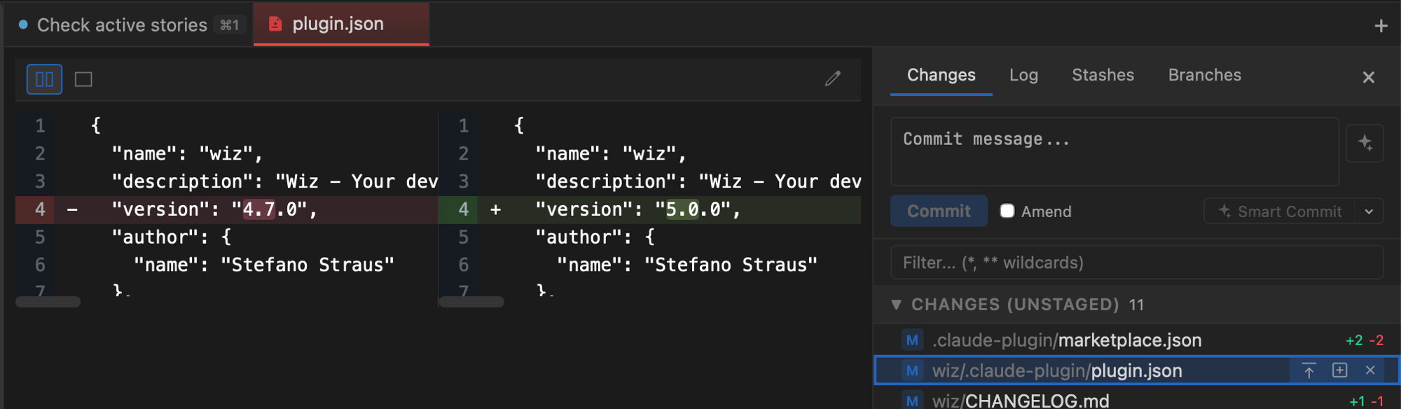 TUICommander side-by-side diff viewer showing a version bump in plugin.json, with the Git Changes panel listing 11 modified files