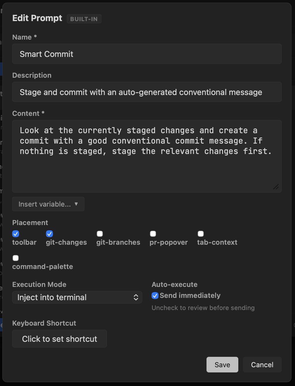 Smart Prompt editor showing the configuration for the Smart Commit prompt
