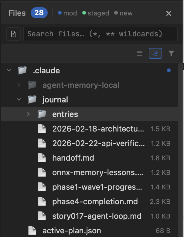 TUICommander file browser in tree view mode showing a collapsible directory hierarchy with .claude folder expanded, nested journal/entries subfolder, and file sizes