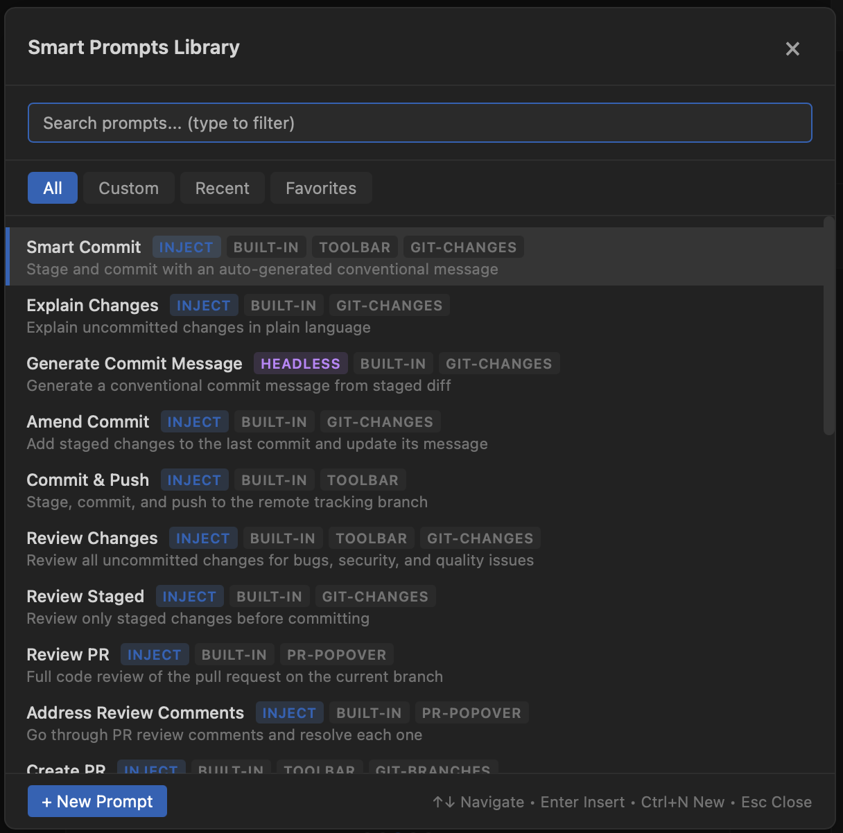 Smart Prompts Library showing the list of built-in prompts with tags for execution mode, placement, and category