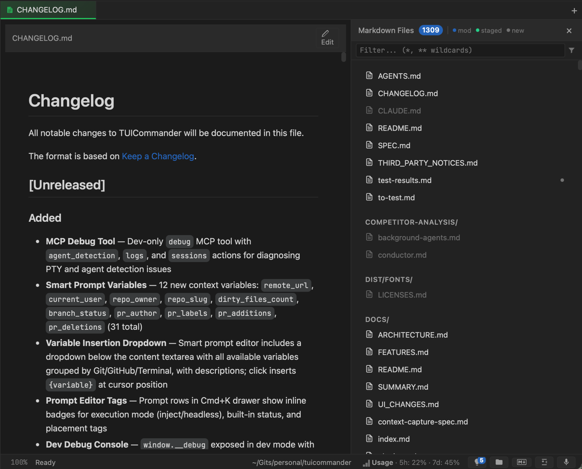 TUICommander markdown viewer showing CHANGELOG.md rendered with a file browser panel listing 1309 markdown files