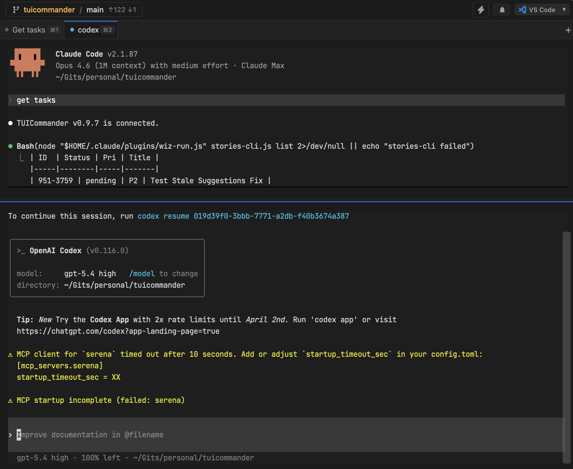 TUICommander with two tabs running different AI agents — Claude Code and OpenAI Codex side by side with status dots and agent detection