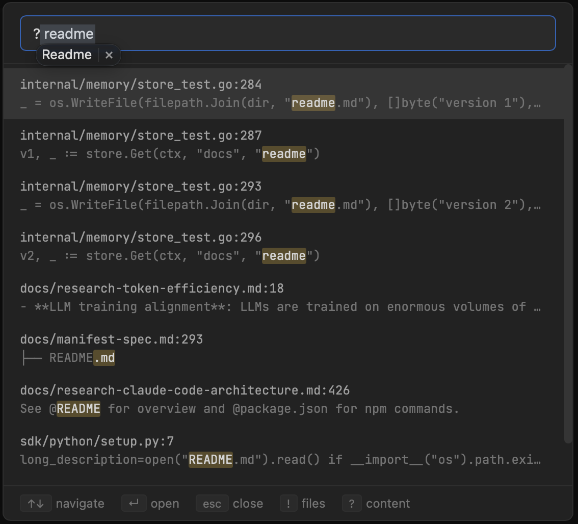 TUICommander command palette in content search mode showing matches for 'readme' across Go test files, markdown docs, and Python setup files with highlighted match text