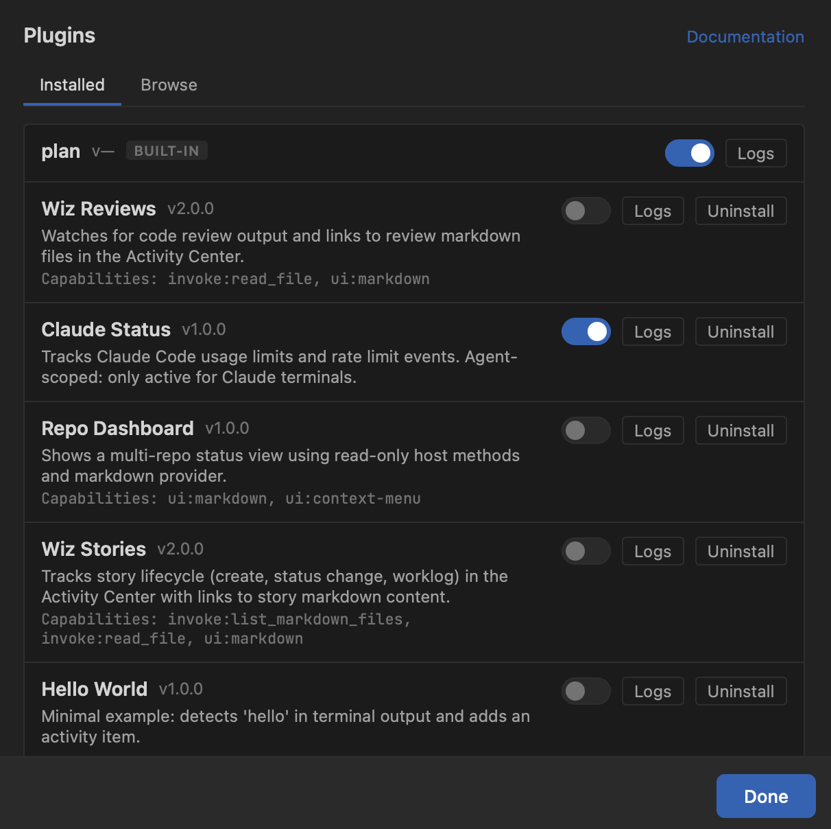 Plugins settings panel showing installed plugins: plan (built-in), Wiz Reviews, Claude Status, Repo Dashboard, Wiz Stories, and Hello World — each with version, description, capabilities, and enable/disable toggle