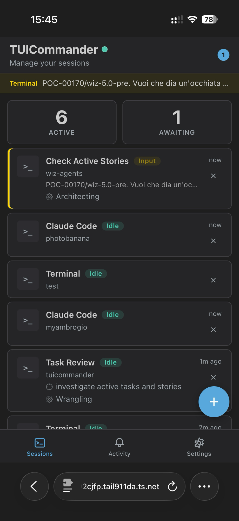 TUICommander PWA showing 6 active sessions with agent status detection, task names, and an awaiting-input notification banner