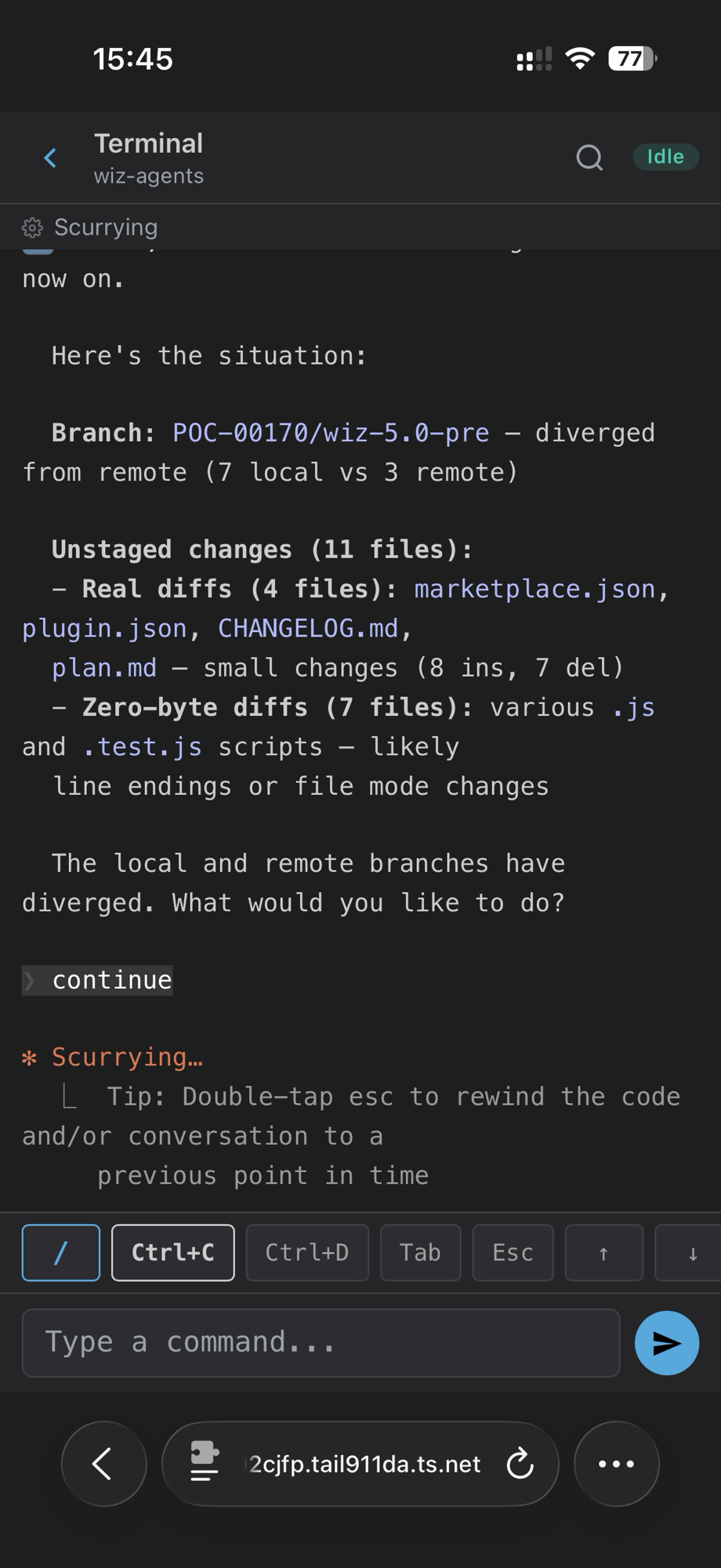 TUICommander PWA terminal view showing an agent analyzing branch status and asking for next steps