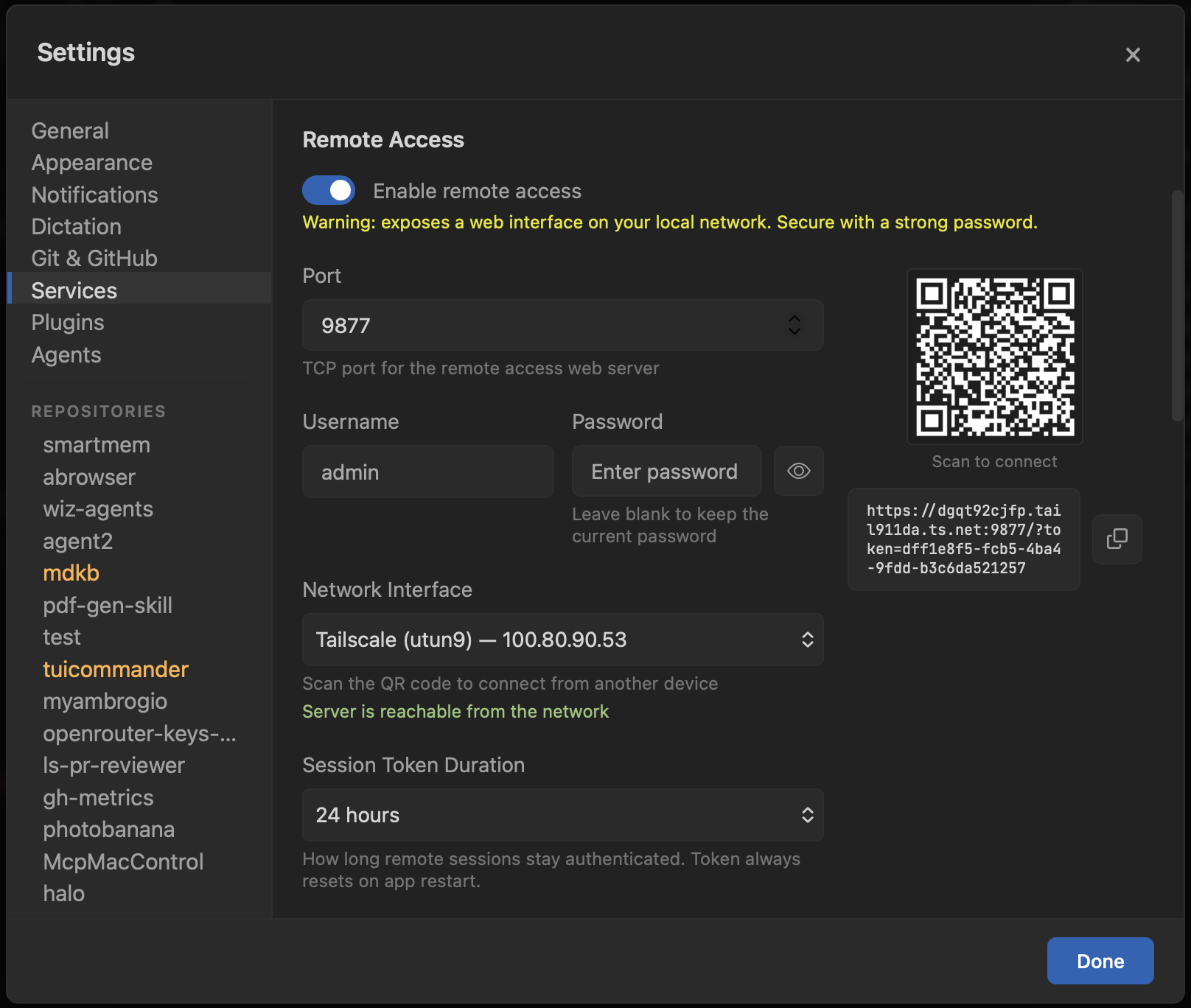 TUICommander Settings showing Remote Access configuration with Tailscale integration, QR code, and HTTPS URL