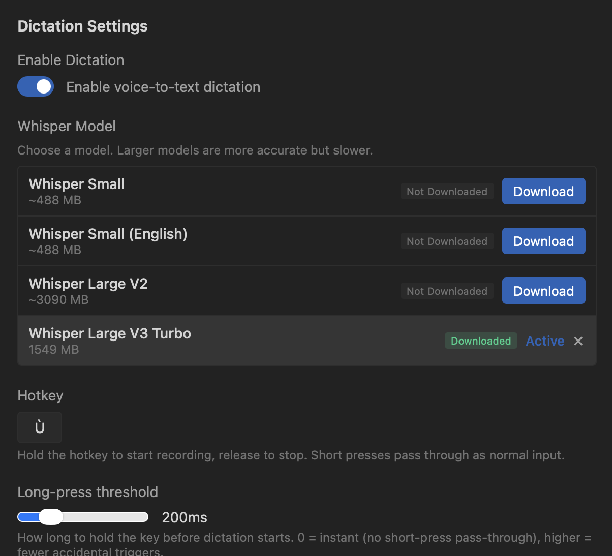 Dictation Settings showing model selection with Whisper Large V3 Turbo active, configurable hotkey, and long-press threshold