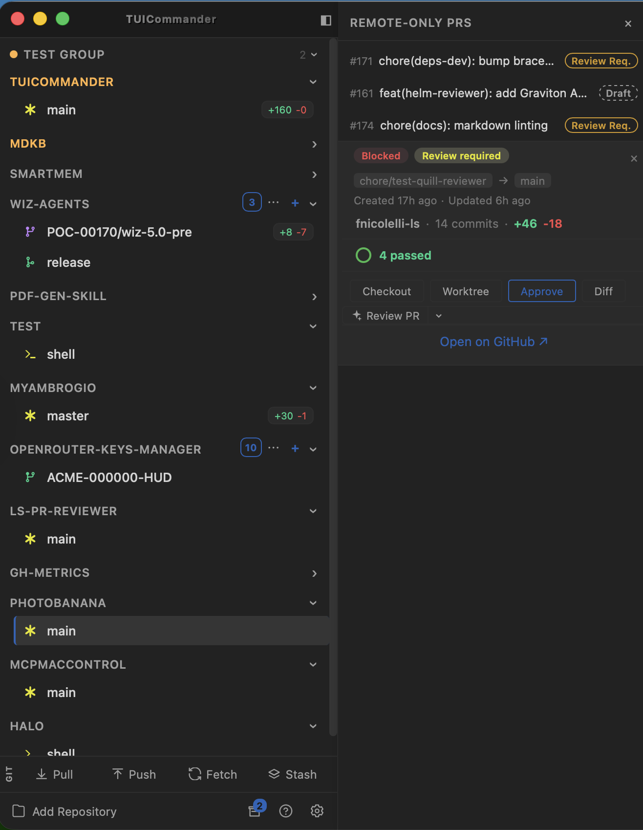 TUICommander sidebar showing multiple repos with branches, worktrees, diff stats, and a PR detail panel with checkout, worktree, approve, and review actions