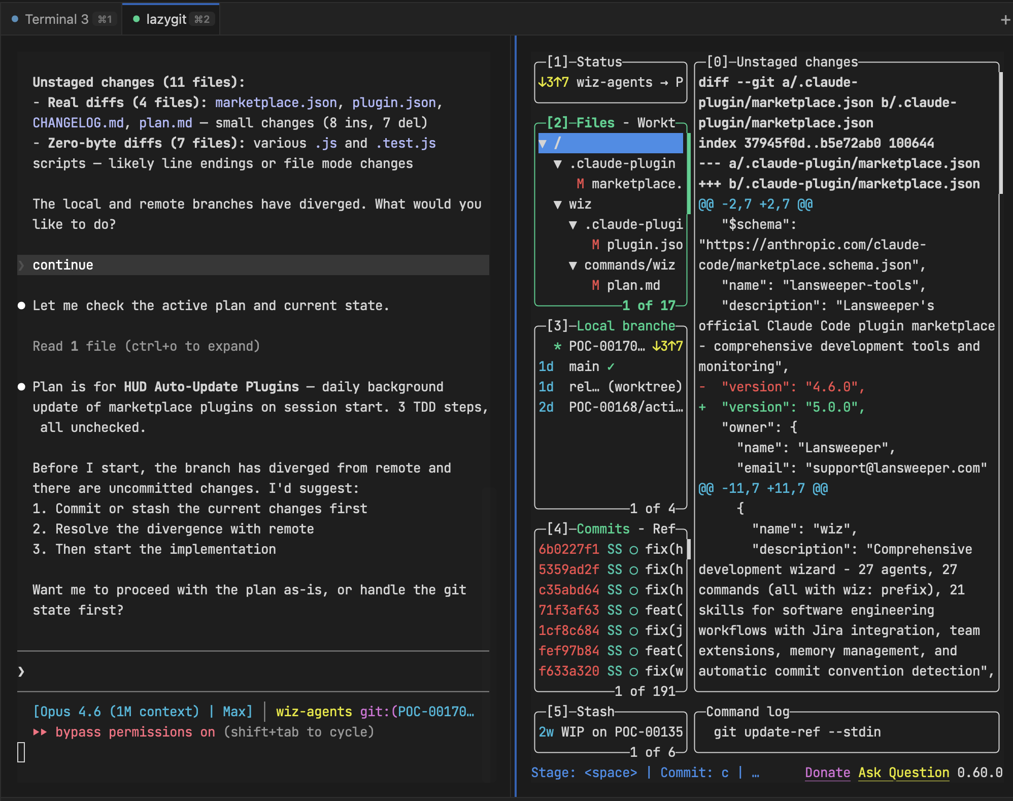 TUICommander with a vertical split — Claude Code agent on the left talking through a plan, lazygit on the right showing file changes and diff