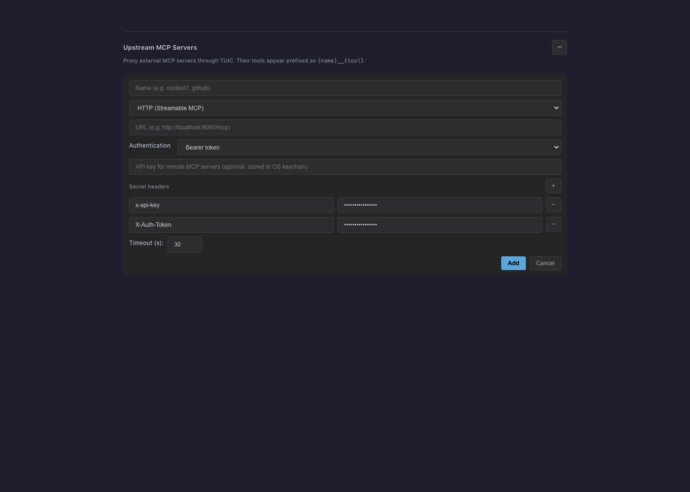 TUICommander HTTP upstream editor with the default Bearer field and two separate masked secret header rows