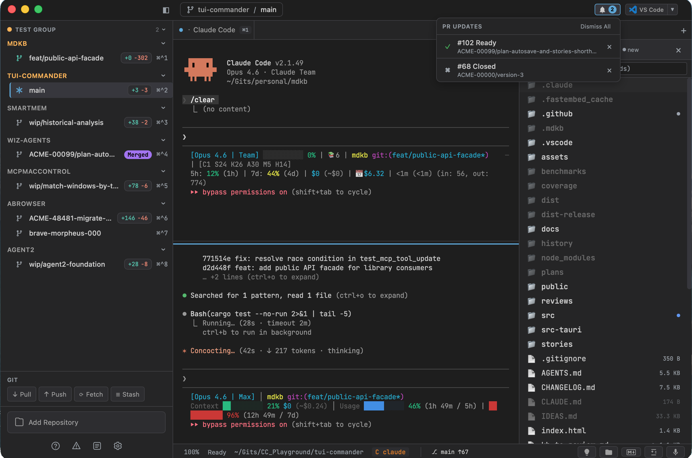 TUICommander — multiple agents, split panes, sidebar with repos