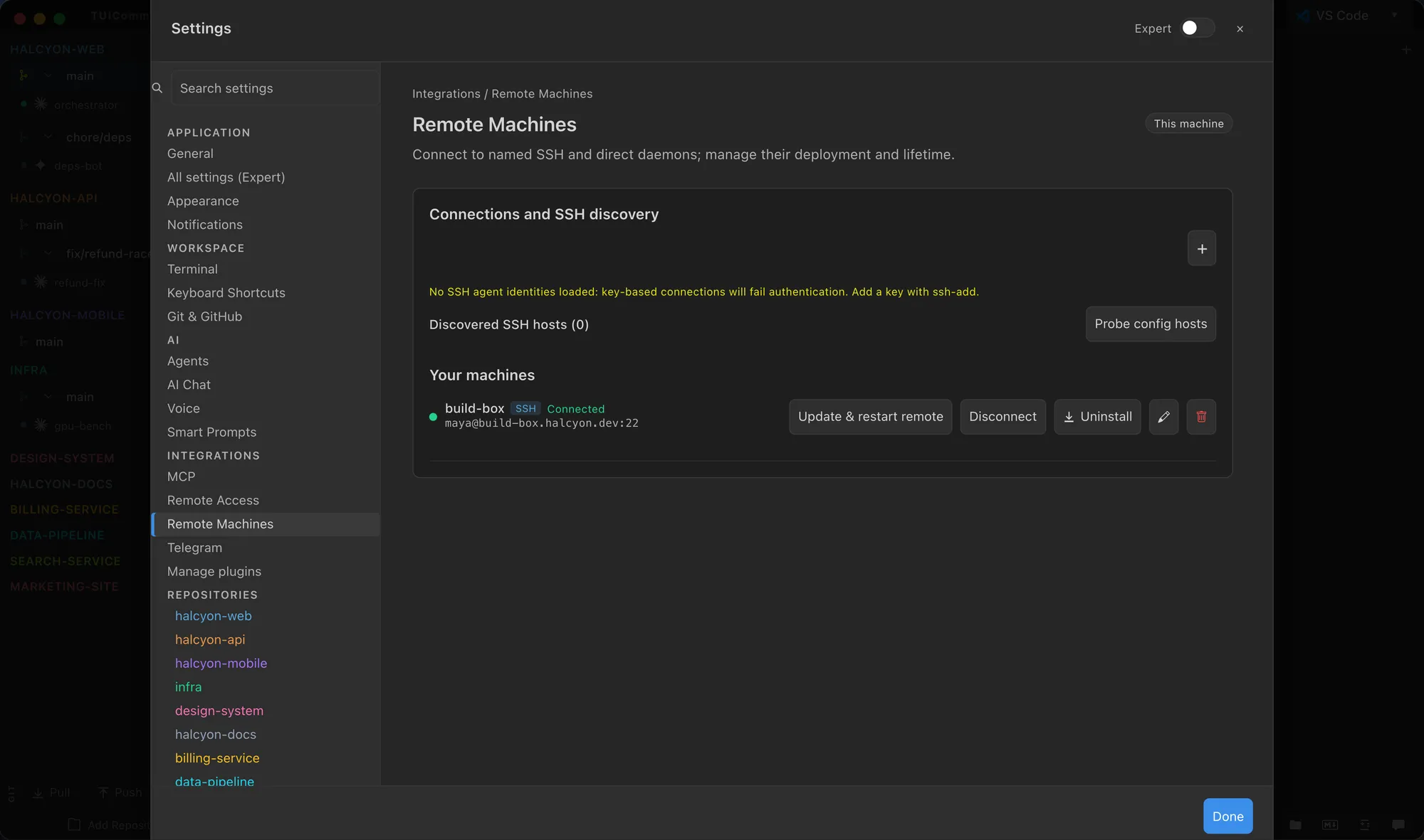 Settings page for remote machines