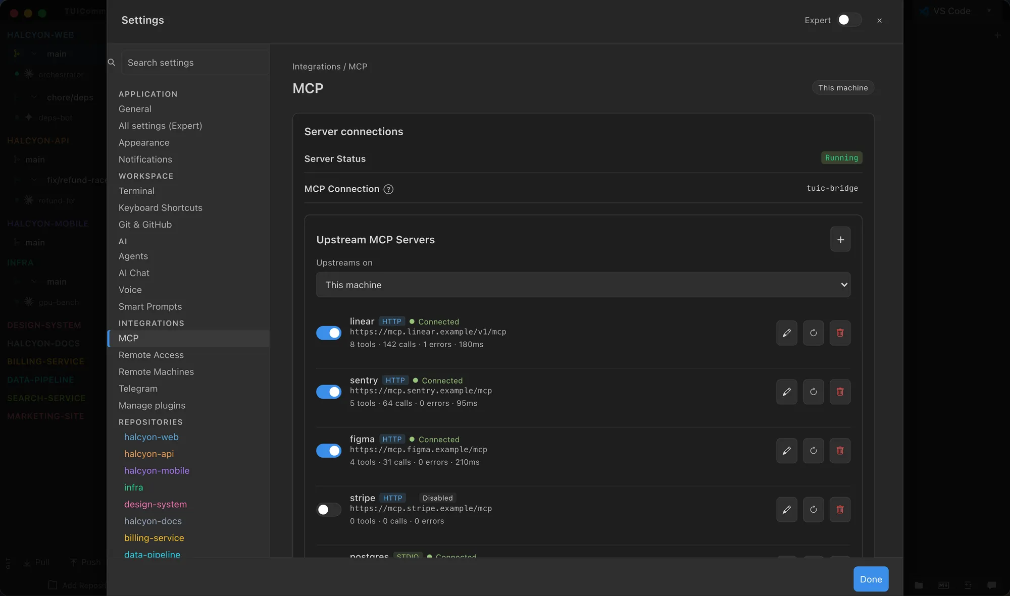 Settings page with upstream MCP servers and their status
