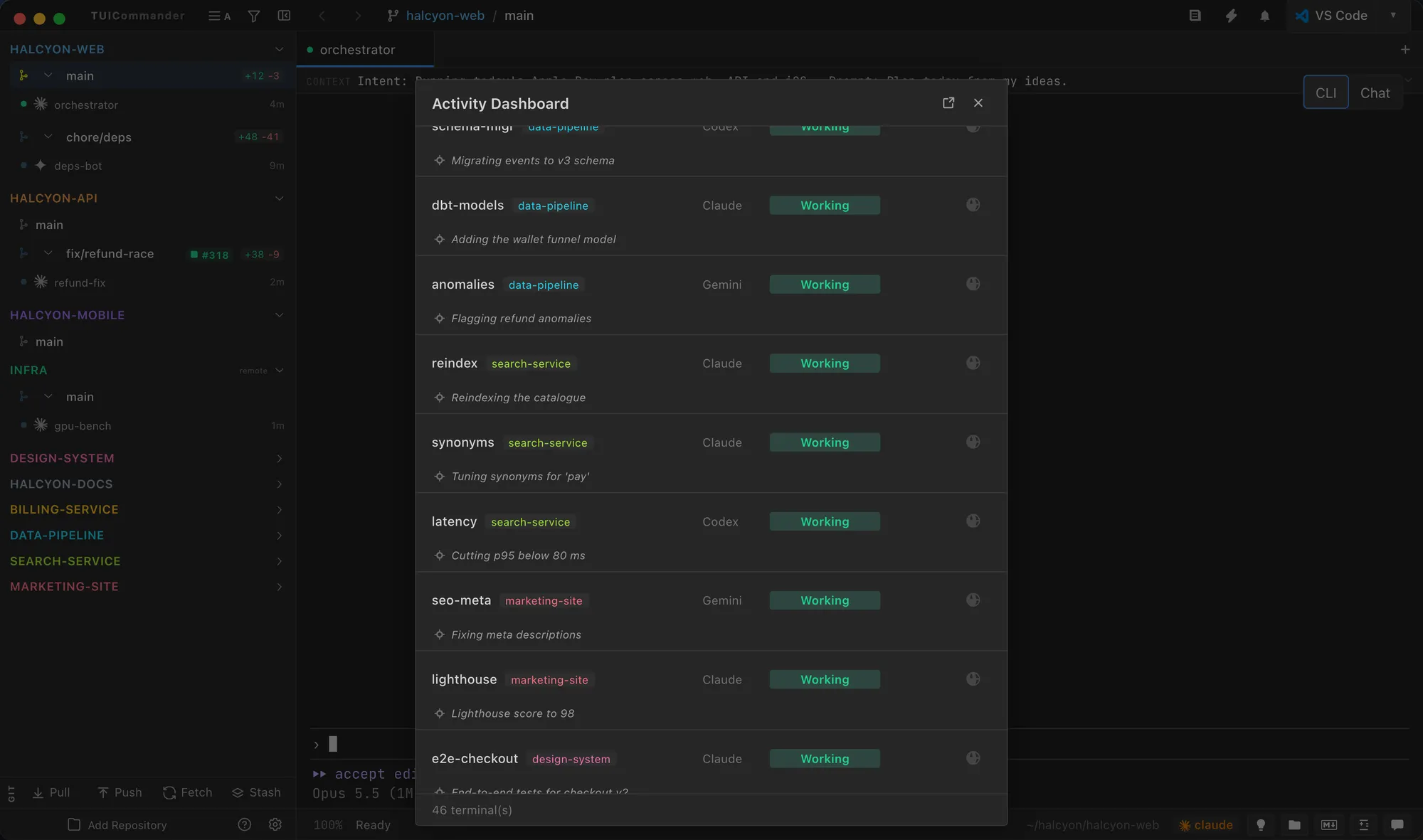 Activity Dashboard listing sessions and their states