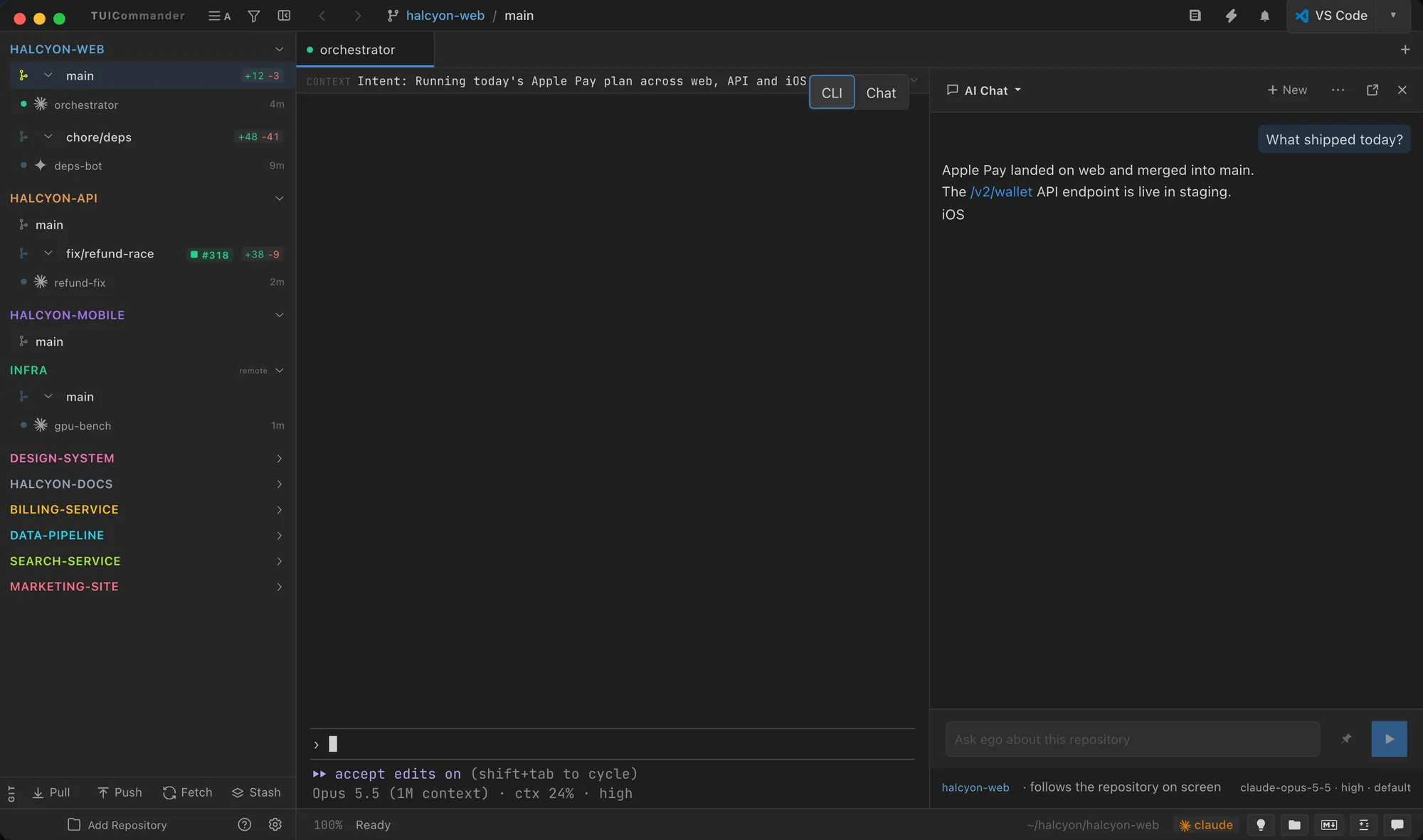 AI Chat panel beside a terminal
