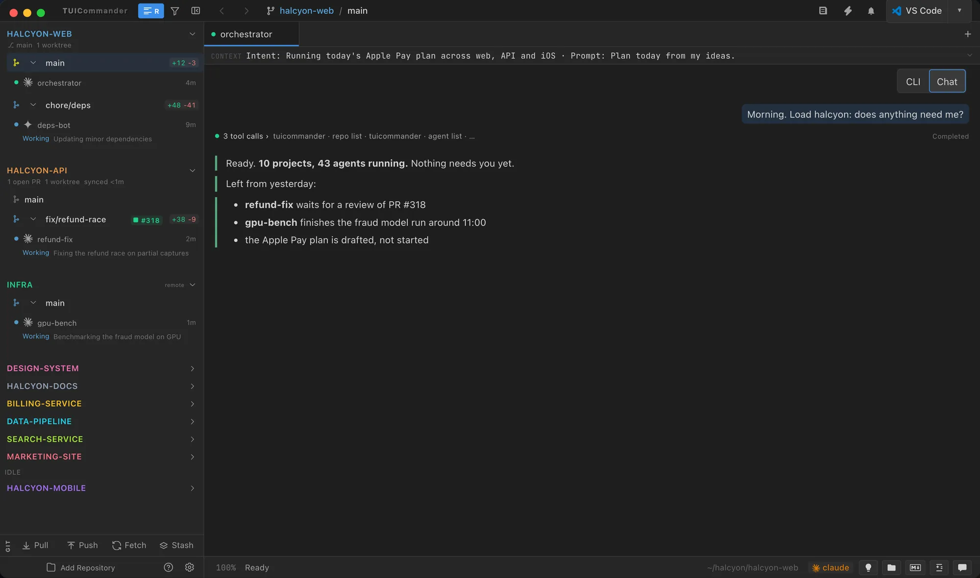 Terminal in Chat view with prompts, answers and the composer
