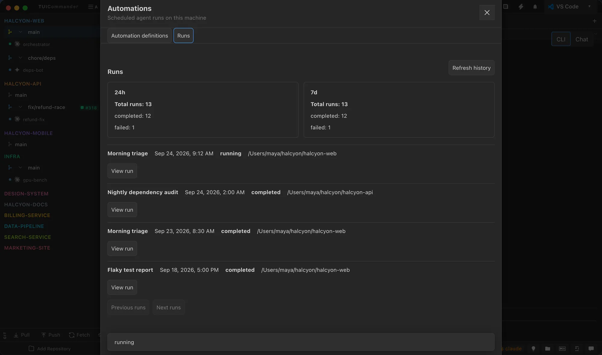 Automations dialog with run history