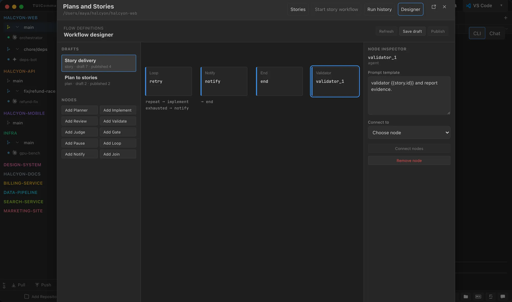 Workflow designer with a graph of steps