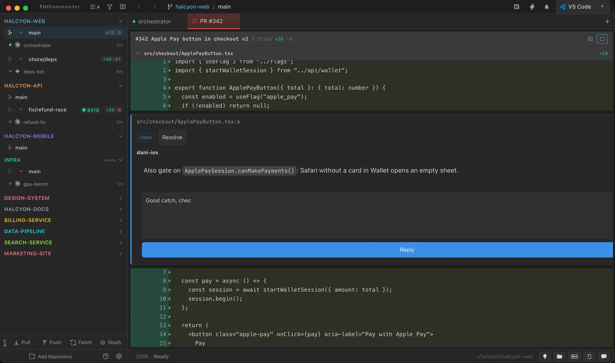 Pull request diff with a review thread on a line