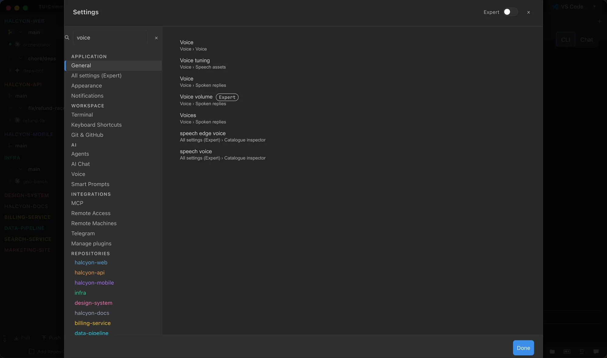 Settings with search results across pages